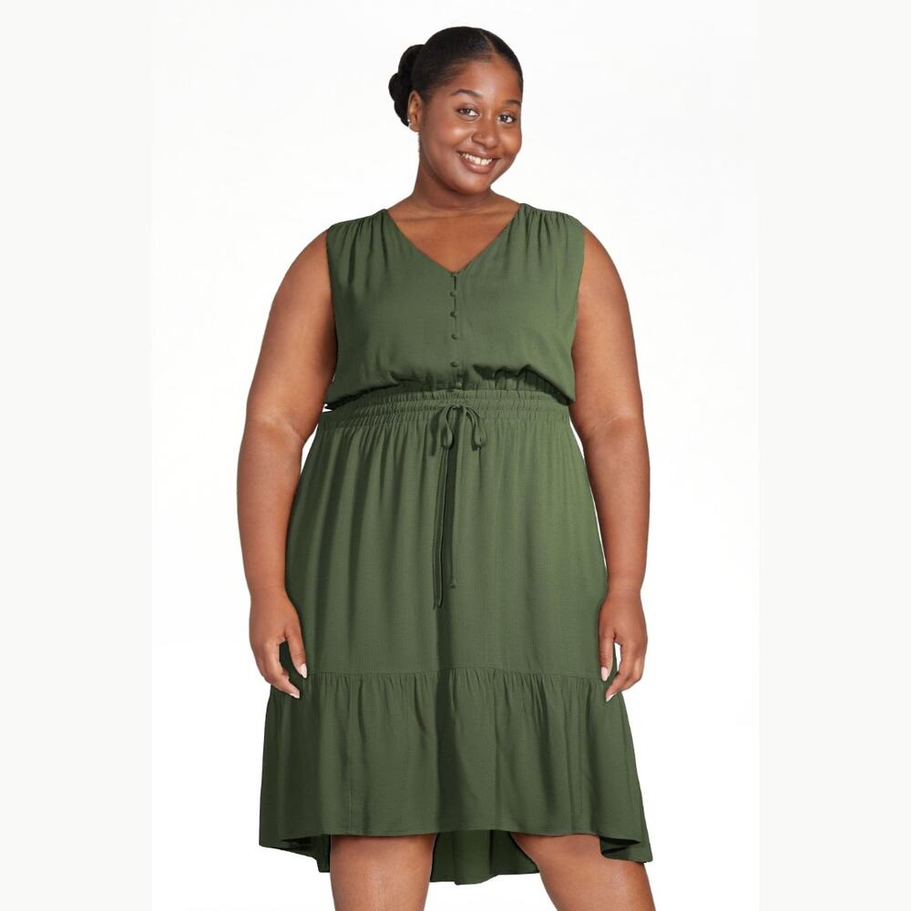 Terra & Sky Button Front Tiered Dress Dark Green 4X